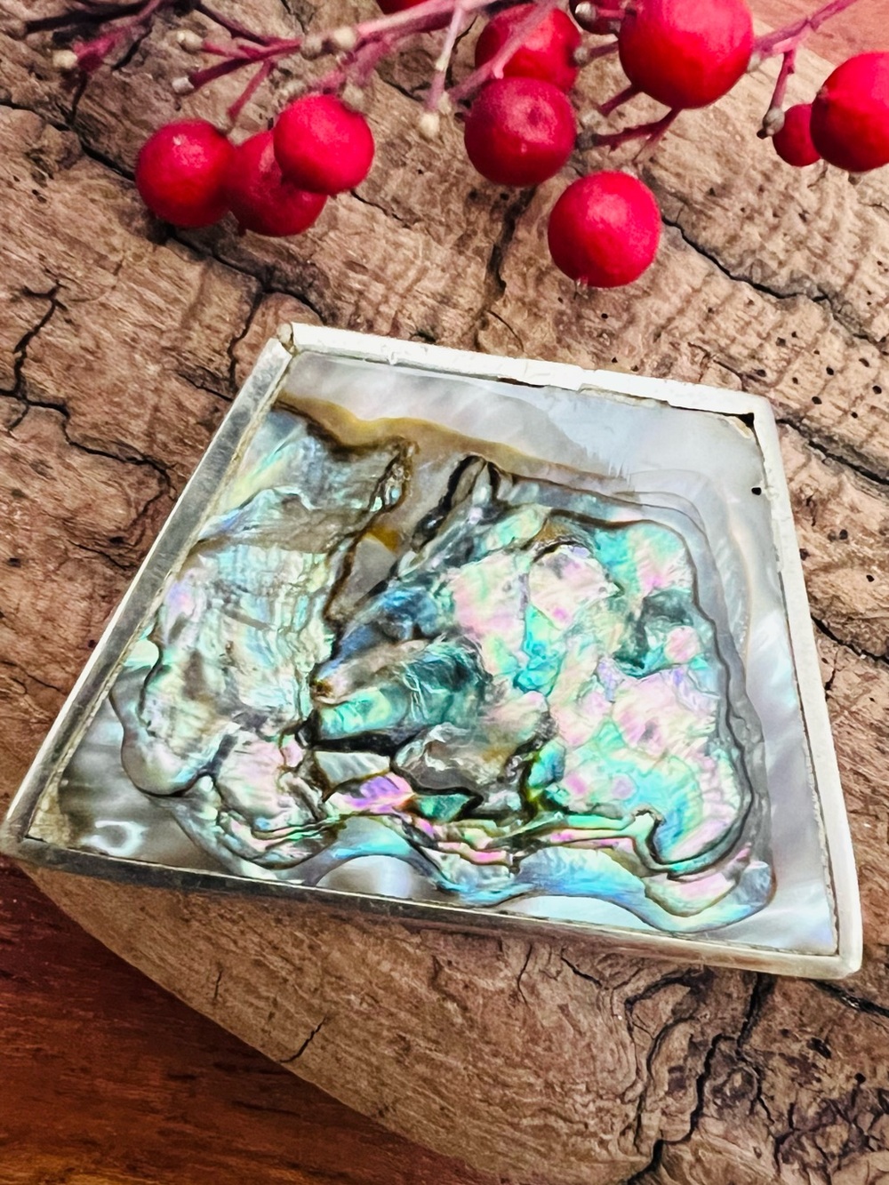 Taxco Mexico Alpaca Trapezoid  Brooch Abalone MOP Pearl Signed Shell Large